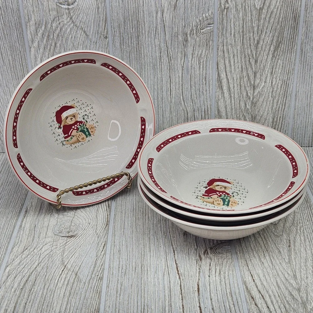 Tienshan Country Christmas Teddy Bear Stoneware Cereal Bowls Set of 4